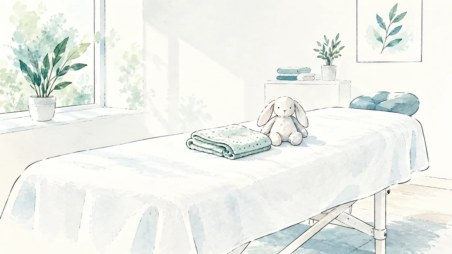 Chambre calme avec lit de traitement blanc, peluche de lapin, couches empilées, plante à la fenêtre et ambiance apaisante pour nourrisson