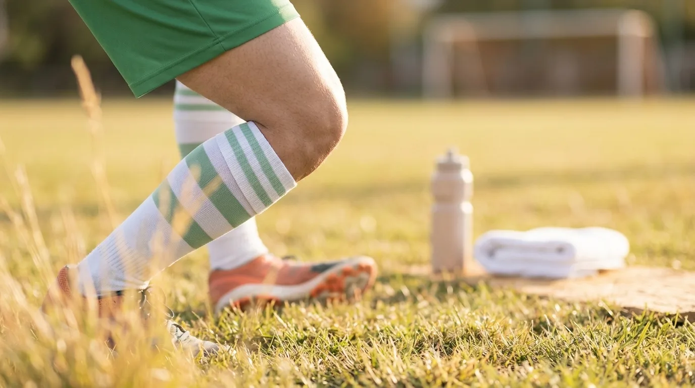 Jambe de sportif en chaussette rayée sur un terrain herbu avec bouteille d'eau et serviette, évoquant la reprise d'activité