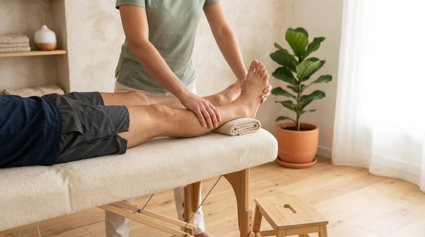 Un ostéopathe réalise un massage thérapeutique du mollet d'un patient sur table de traitement, cabinet minimaliste avec plante