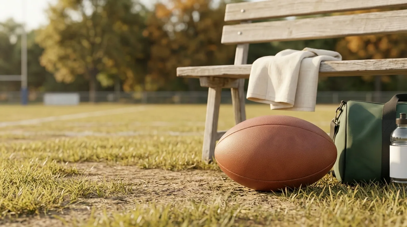 Ballon de rugby marron sur l'herbe d'un stade, avec banc blanc, serviette et sac de sport
